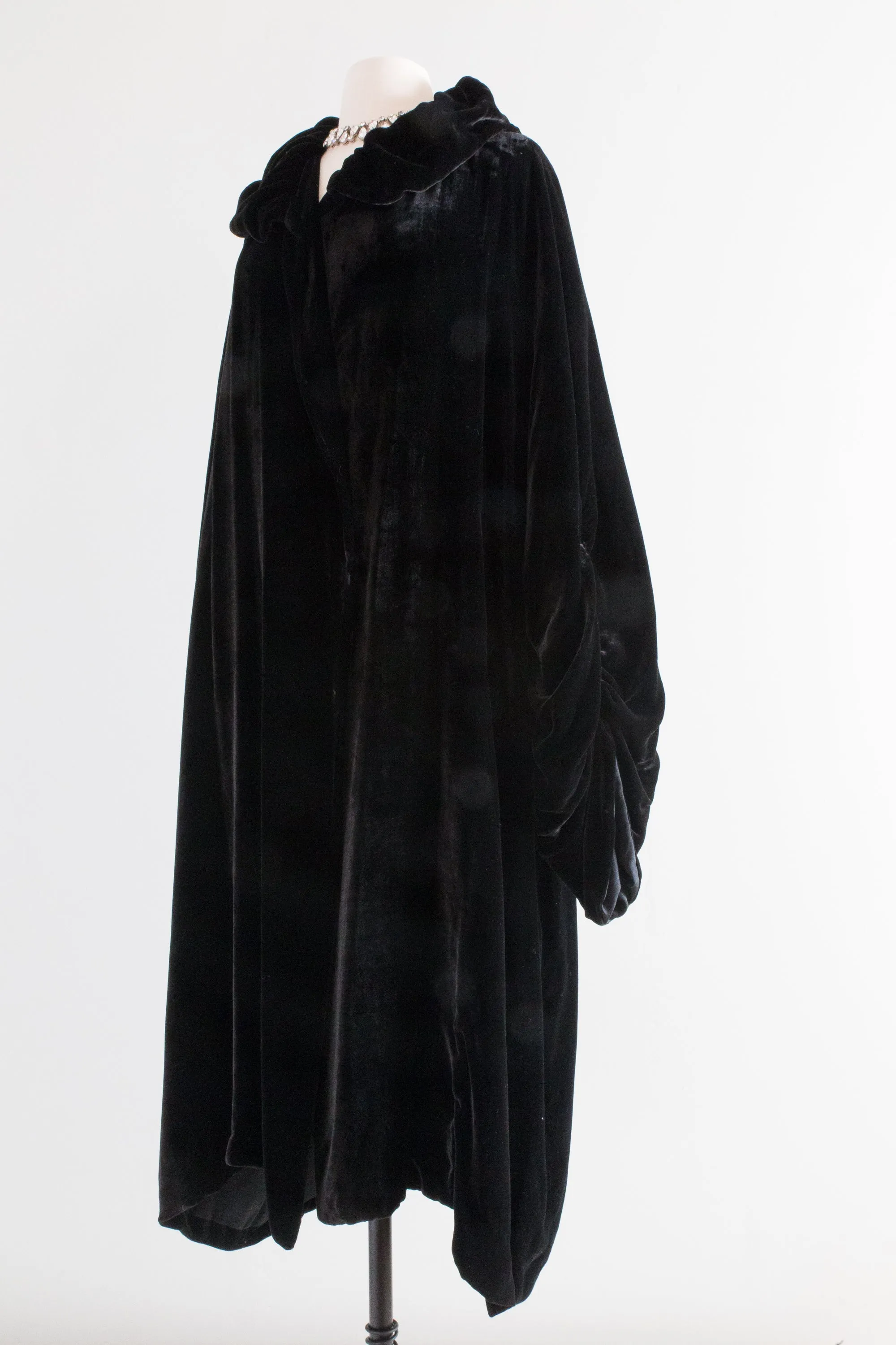Sublime 1920's Black Silk Velvet Opera Coat With Massive Sleeves / OS