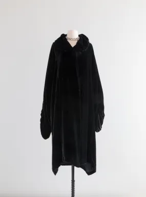 Sublime 1920's Black Silk Velvet Opera Coat With Massive Sleeves / OS