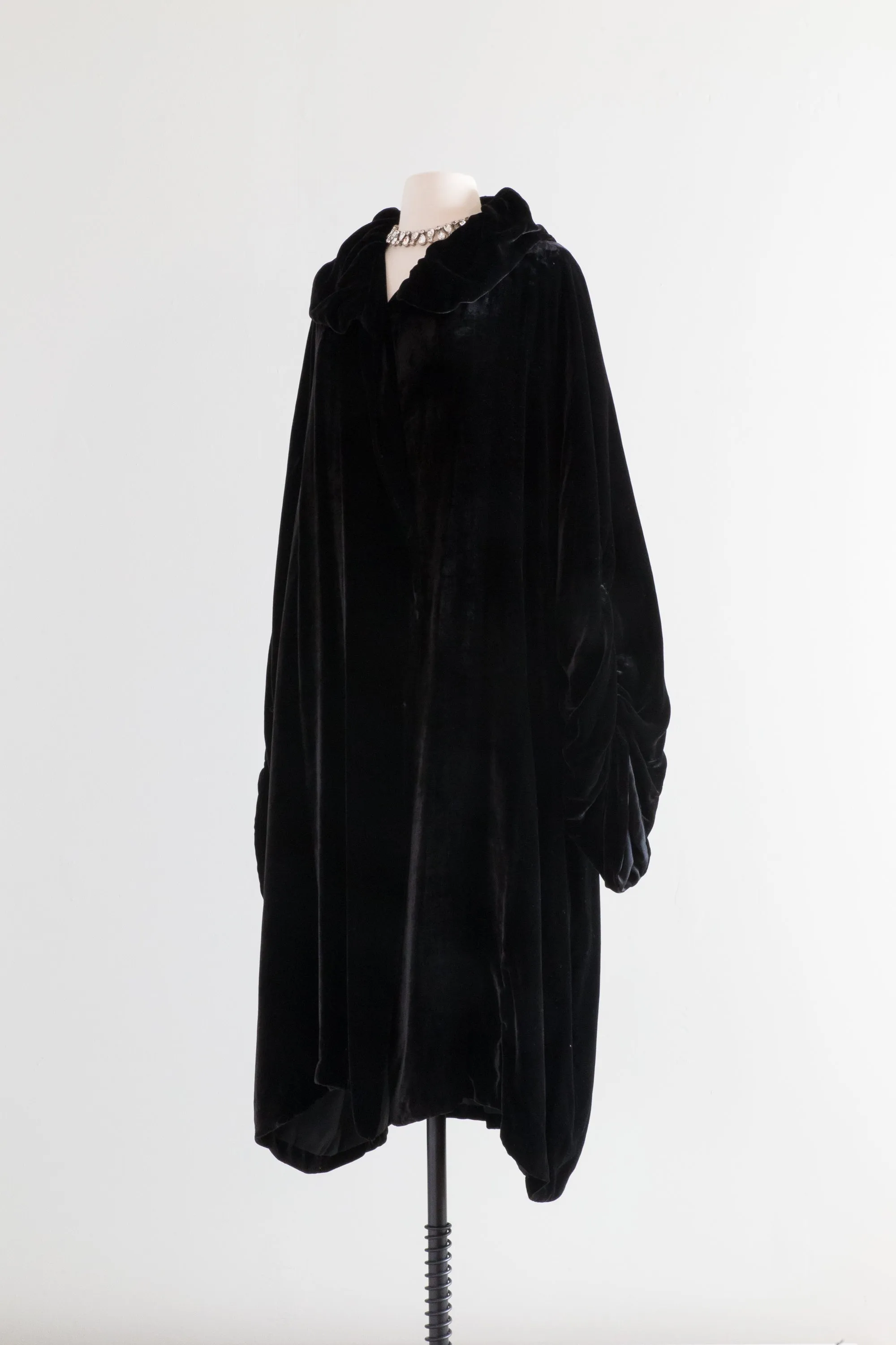 Sublime 1920's Black Silk Velvet Opera Coat With Massive Sleeves / OS