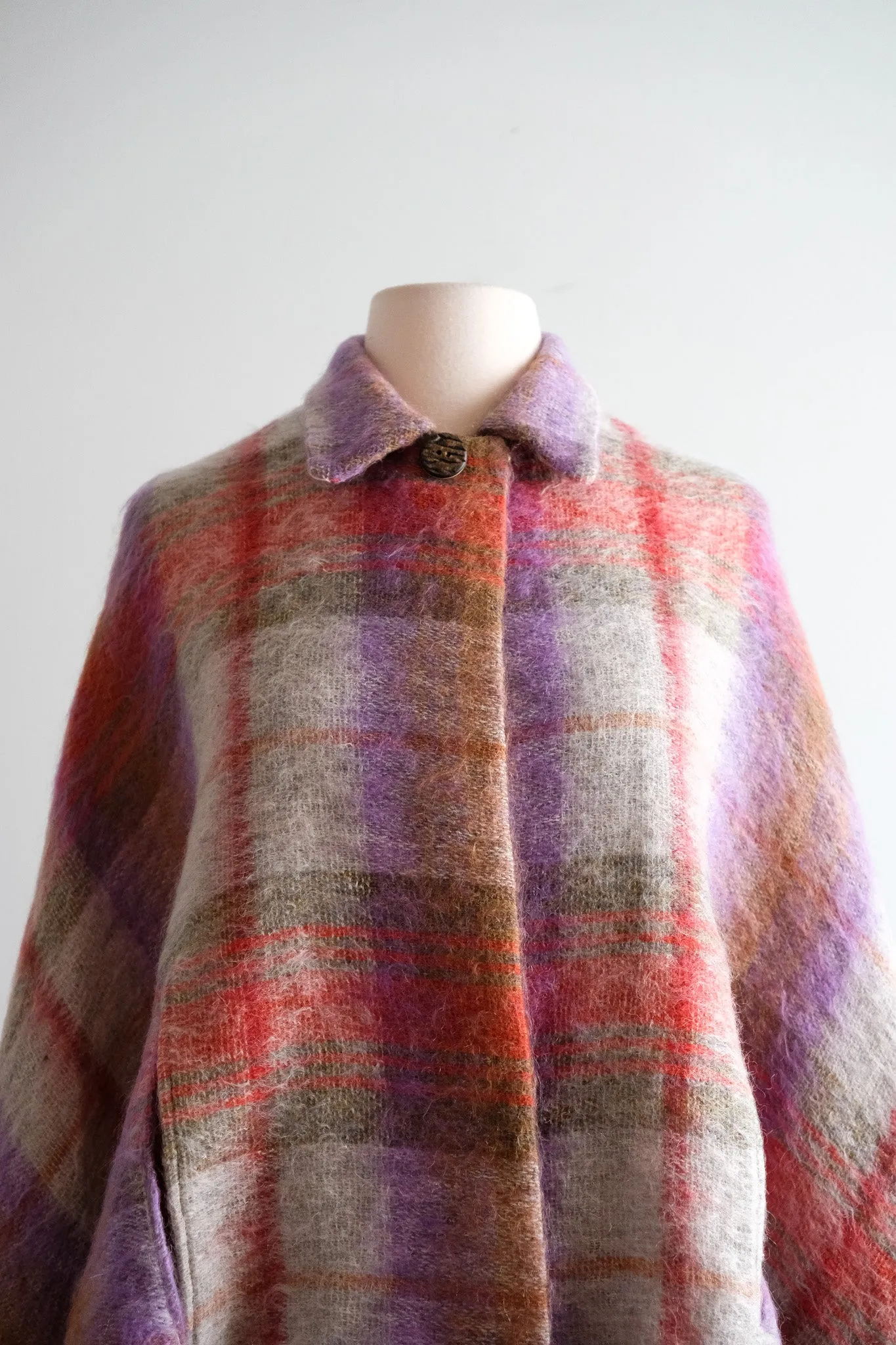 Vintage 1960's Meadow Plaid Handloom Woven Mohair Poncho / SM