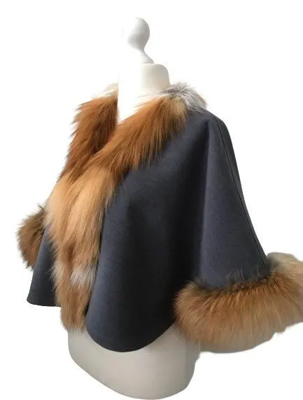Women Grey Cape Cashmere and trim Gold fox fur, Stand with Ukraine