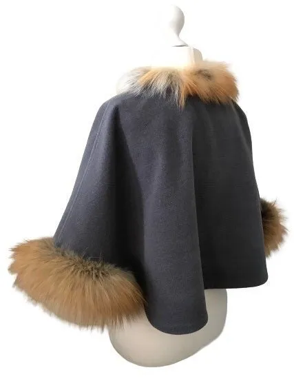 Women Grey Cape Cashmere and trim Gold fox fur, Stand with Ukraine