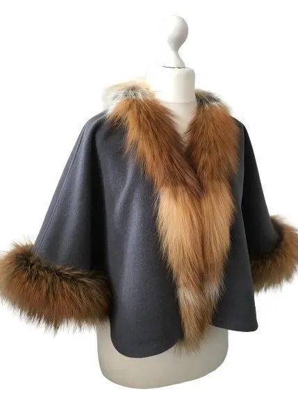 Women Grey Cape Cashmere and trim Gold fox fur, Stand with Ukraine