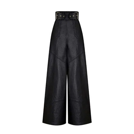 Women High Waist Loose Faux Leather Casual Trousers