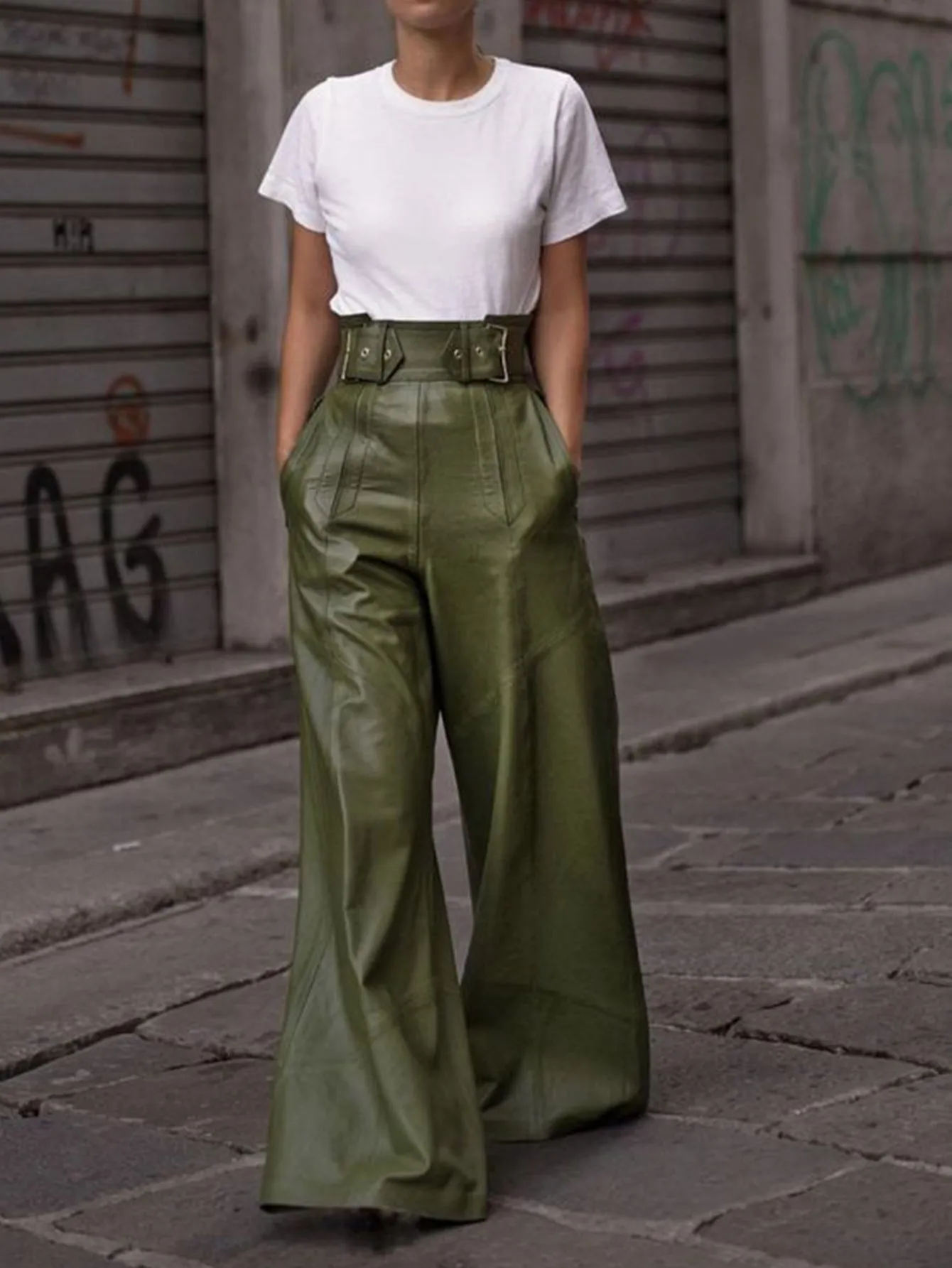 Women High Waist Loose Faux Leather Casual Trousers