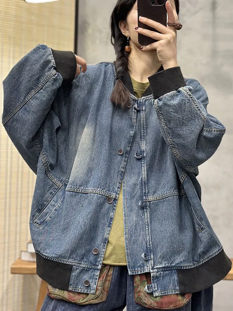 Women Spring Vintage Patchwork Washed Denim Coat