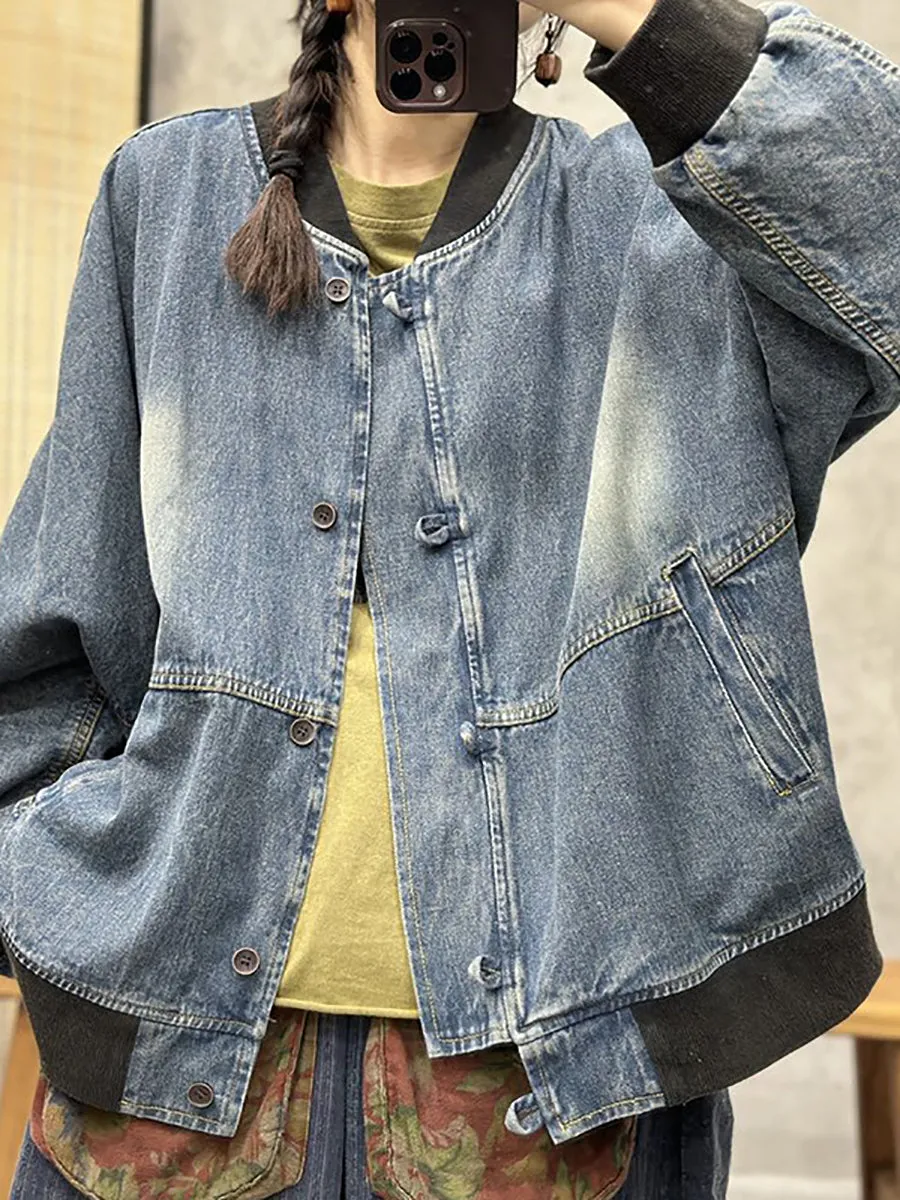 Women Spring Vintage Patchwork Washed Denim Coat