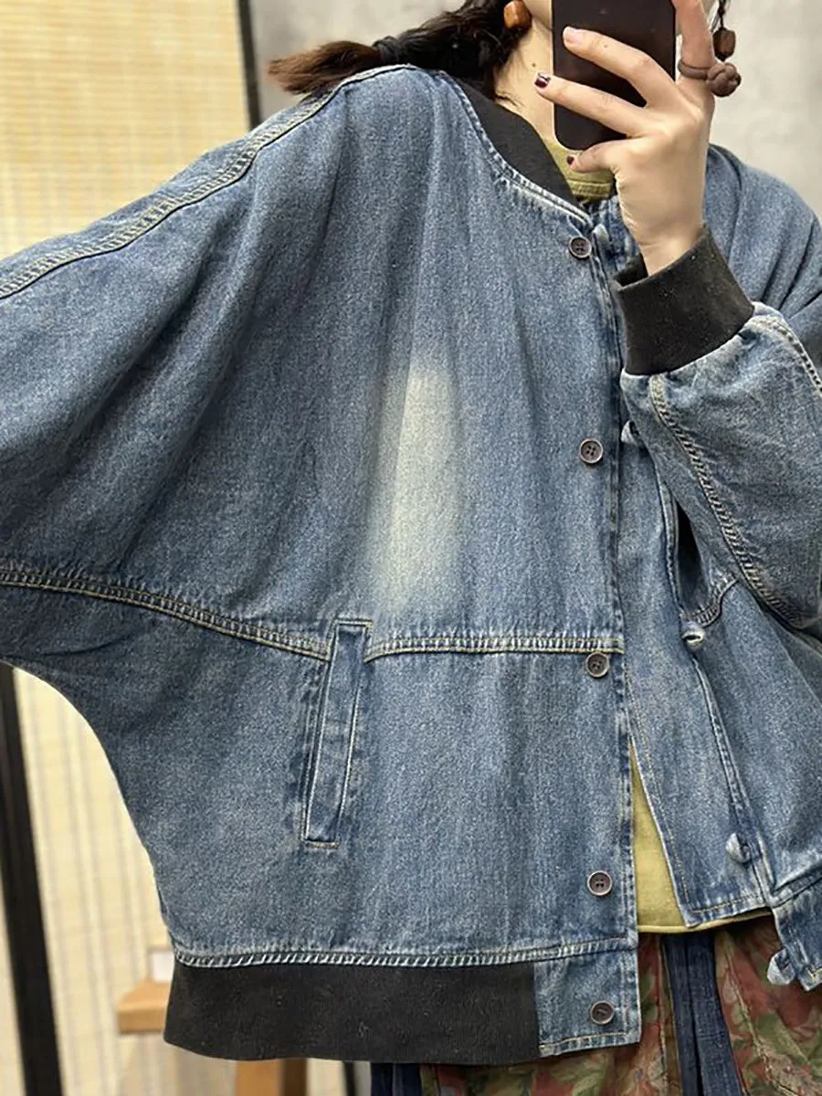 Women Spring Vintage Patchwork Washed Denim Coat