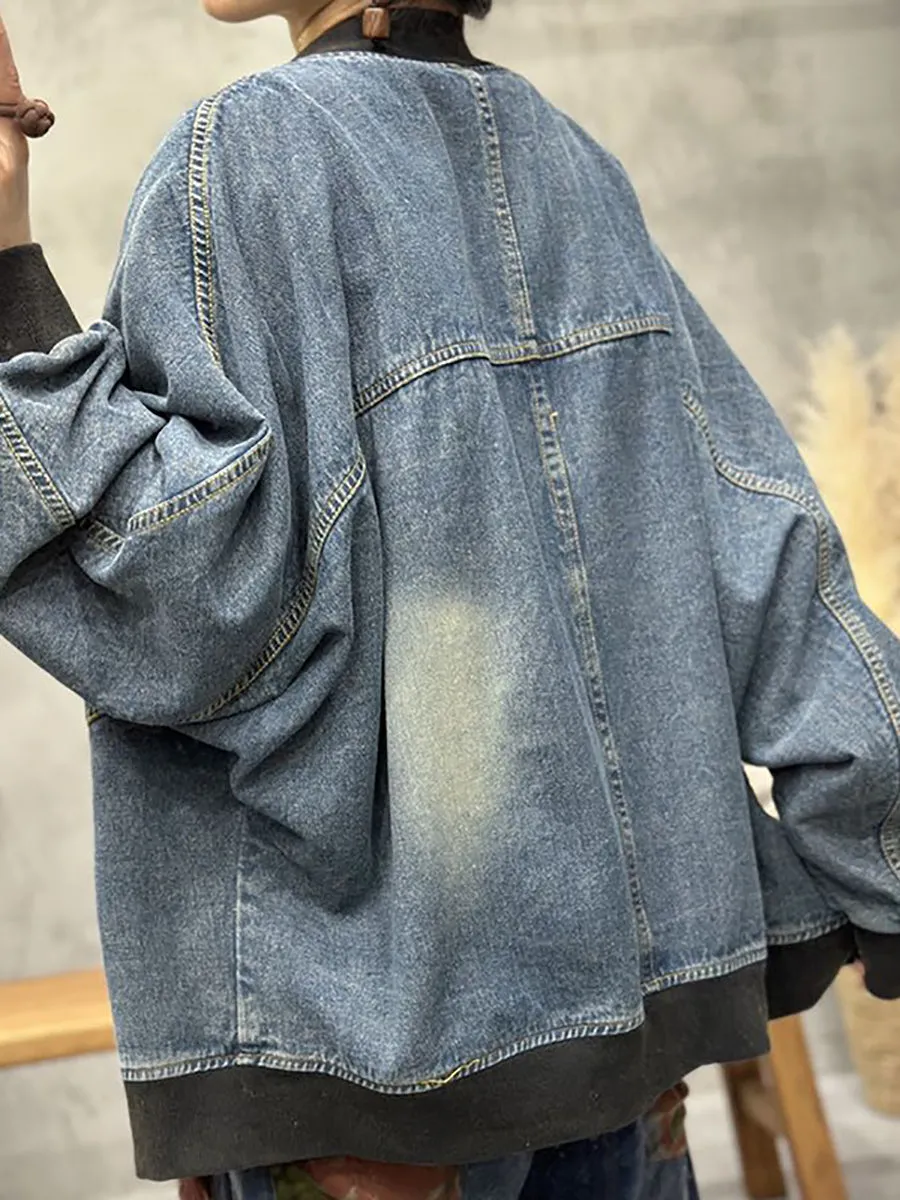 Women Spring Vintage Patchwork Washed Denim Coat