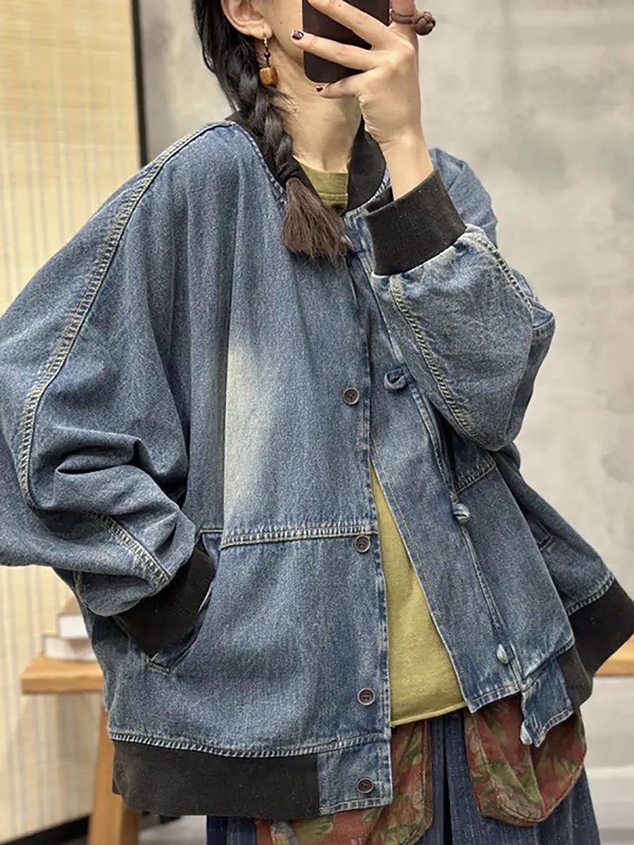 Women Spring Vintage Patchwork Washed Denim Coat