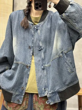 Women Spring Vintage Patchwork Washed Denim Coat