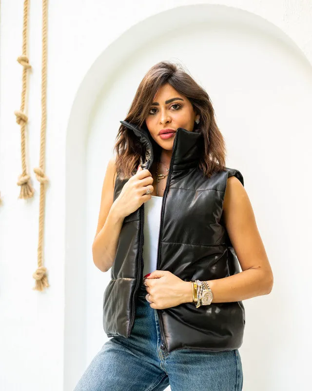 Women's Black Leather Pumped Vest - Premium Pure Leather Top - Made in Egypt