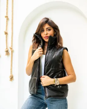 Women's Black Leather Pumped Vest - Premium Pure Leather Top - Made in Egypt