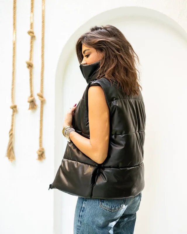 Women's Black Leather Pumped Vest - Premium Pure Leather Top - Made in Egypt